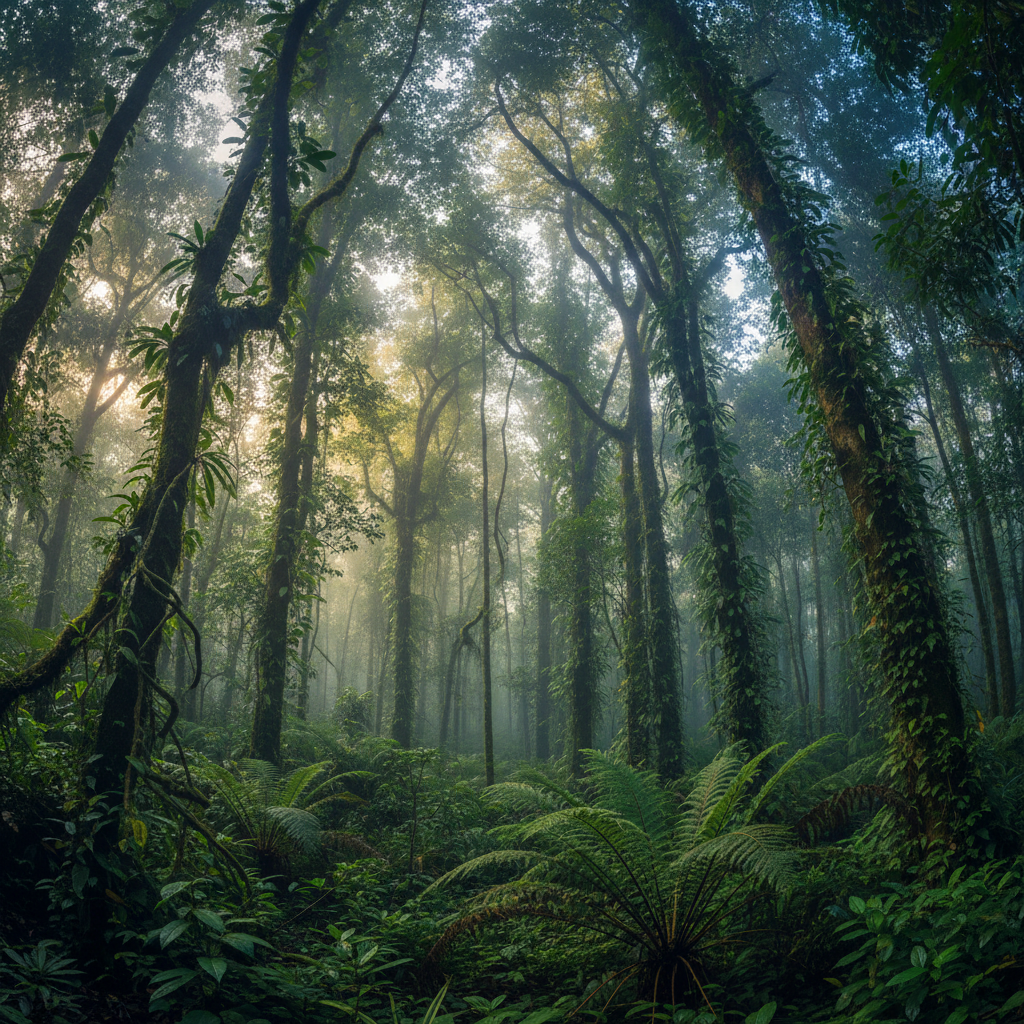 Bosque tropical con árboles de samán - concesión forestal sostenible con certificación PEFC