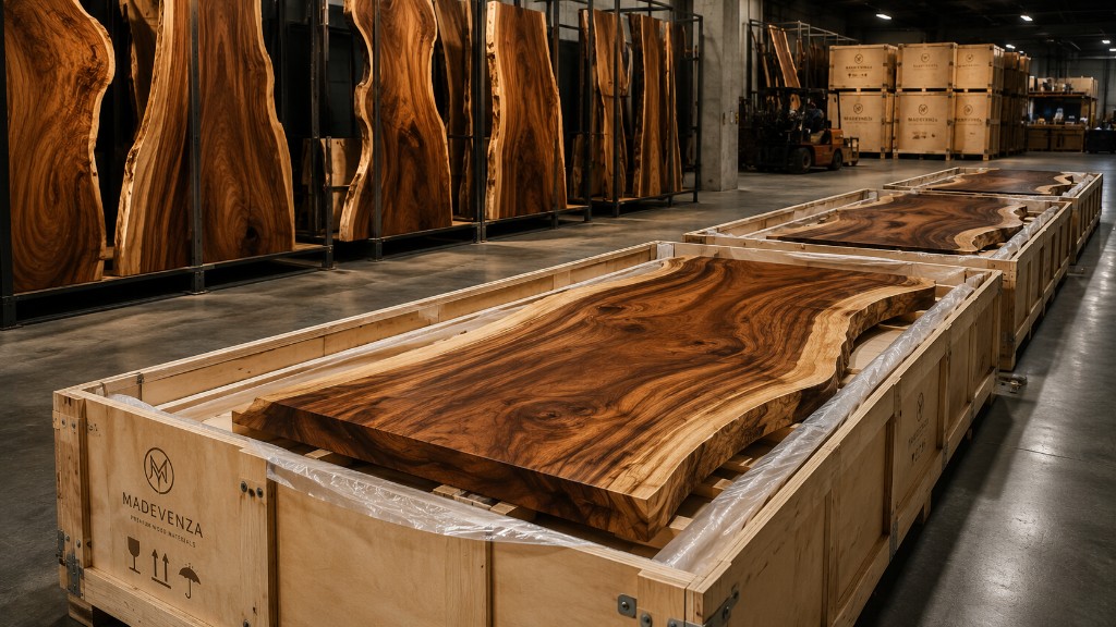 Almacén Madevenza con slabs de madera Suar en cajones de embalaje técnico reforzado y galería vertical de piezas únicas al fondo — estándares europeos de stock, trazabilidad y logística profesional